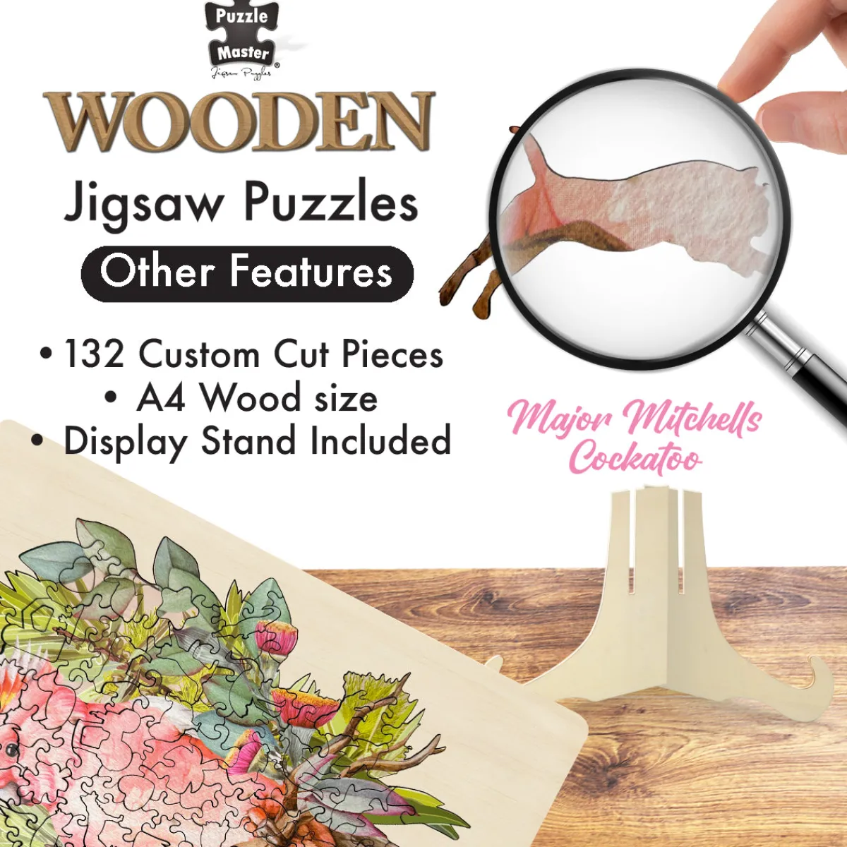 Australian Geographic Puzzles|Arts & Crafts-Shaped Wooden 132 Piece Jigsaw Puzzle, Major Mitchell's Cockatoo